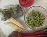 A picture of step 2 of Pink rice / multiple of colored veggies.
