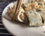 A picture of step 3 of WFH special - mimic Taiwanese Dan Bing (rolled egg crepes) 🥚.