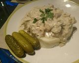 Gombamártással felöntött csirkemell, krumplipürével recept fázis 12 fotója