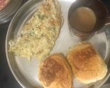 A picture of step 4 of Sweet Maska Bun with omelette and tea.