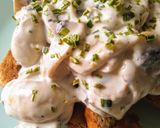 A picture of step 5 of Creamy Garlic Mushrooms on Toast, (with a poached egg).