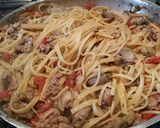 A picture of step 9 of Fettuccine with Sausage and Mushrooms.