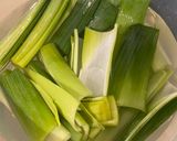 A picture of step 2 of Chicken Hearts Yakitori style (no skewer) Leek Green on top.