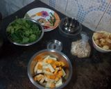 A picture of step 4 of Kumro shaak with chingri mach and dal a tasty lunch.
