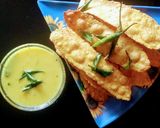 A picture of step 8 of Gujarati fafda with besan chutney.
