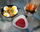 A picture of step 3 of Veg Pasta with Egg and flavoured bacon bits carrot chips + Dip.