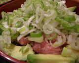 A picture of step 4 of Tsukiji Style Rice Bowl with Avocado, Green Onion and Fatty Tuna.