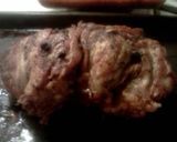 A picture of step 8 of Bacon & provolone stuffed pork roast topped w bacon & Stew tomato flvr brown rice w gr beans!.