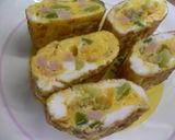 A picture of step 1 of Tamagoyaki Japanese Omeletes for Bentos (Green Pepper and Ham).
