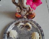 A picture of step 3 of Coconut Modak filled with Apple ganache.
