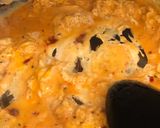 A picture of step 5 of Paprika eggs. Turmeric Sourdough. Black pudding crumb. Smashed avocado.