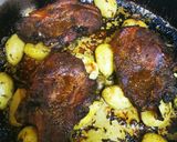 A picture of step 9 of Pork Chops with Honey, Soy Sauce, Mustard, and Lemon Baby Potatoes in a Dutch Oven.