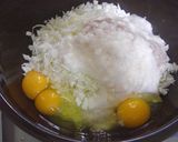 A picture of step 2 of Okonomiyaki that's Crispy Outside and Fluffy Inside.