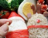 A picture of step 7 of Christmas Character Bento with Santa Claus and a Reindeer.