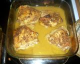 A picture of step 8 of chicken thighs in wine, and Worcestershire.. .with honey mustard glaze.