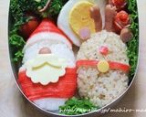 A picture of step 9 of Christmas Character Bento with Santa Claus and a Reindeer.