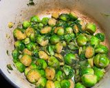 A picture of step 2 of Apple juice braised Brussels sprouts with bacon.