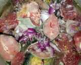 A picture of step 2 of Banga soup with fresh cat fish and beef.