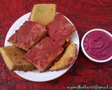 A picture of step 9 of Red Velvet Dhokla with Pink Chutney.