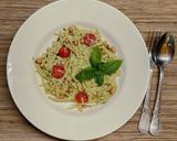 A picture of step 6 of Nutty Asparagus Basil Pesto on Spaghetti.