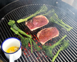 A picture of step 4 of Duck breast ‘yakitori’ with garlic mushrooms and tender stem broccoli.