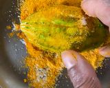 A picture of step 2 of Andhra style stuffed Karele or Gutti Kakarakaya.