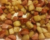A picture of step 6 of Taisen's husband's fried kielbasa and potatoes.