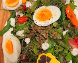 A picture of step 8 of Kinda Nicoise with Fried Green Beans, Roasted Kale, Lentils, Boiled Eggs and Caper Mayo.