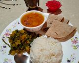 A picture of step 5 of Radish leaves sabzi, tomato arhar dal,rice & roti.