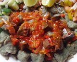 A picture of step 9 of Danwake with hot liver sauce.