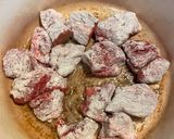 A picture of step 2 of Beef stew in a Dutch Oven.