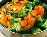 A picture of step 3 of Multi colored pilaf with broccoli, red and orange bell peppers, and carrots.