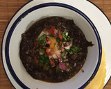 A picture of step 10 of Black bean soup with poached egg, salsa and corn tortillas.