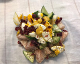 A picture of step 11 of Taro, Sweet Potato, Cucumber, and Cranberry Salad (with Egg and Fresh Basil).