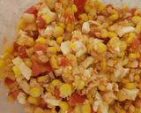 A picture of step 7 of Garlic, Corn, Tomato. Mozzarella topping & Grated Cheese. Salsa.