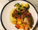 A picture of step 4 of SeaBass on a Smoked Paprika and Chives Mixed Fried Potatoes with Thyme and Vinegar Garden Peas Purée.