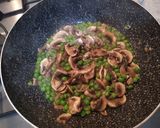 A picture of step 2 of Tagliolini with Truffle, Mushrooms, Peas, and Sausage.