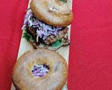A picture of step 6 of Pork and chorizo bagel burger + pickled cabbage and apple slaw.