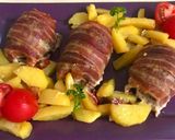 Baconbe göngyölt sertés szelet tojással töltve, vele sült burgonyával recept fázis 5 fotója