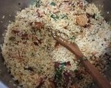 A picture of step 4 of Tumeric rice with sausages, egg curry and salad.