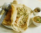 A picture of step 4 of LUNCH IS SERVED: Little millet dosai with onion sambar, curry leaf chutney and mung sprouts.