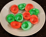 A picture of step 5 of Bacon and Jalapeno Deviled Eggs colored for Christmas.