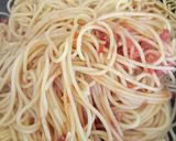 A picture of step 2 of Spaghetti amatriciana.