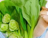 Hình bước làm 1 của món Cải thìa xào nấm đùi gà và thịt xay