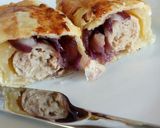 A picture of step 3 of Fluffy's sausage rolls with caramelised red onion.