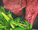 A picture of step 9 of Bavette steak. Soy portobello mushrooms, sweet potato and greens.