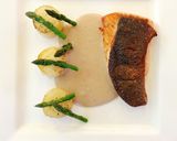 A picture of step 19 of Crispy Skin Salmon, Asparagus with Fondant Potato and Chestnut Sauce.