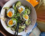 A picture of step 9 of Smashed cucumber cold noodle salad with soft boiled eggs.