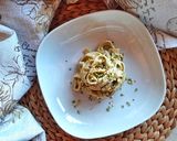 A picture of step 7 of Pistachio Tagliatelle with Pistachio Pesto and Mushrooms.