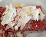 A picture of step 1 of Ham and Parmesan meatloaf with polenta and mushroom sauce.